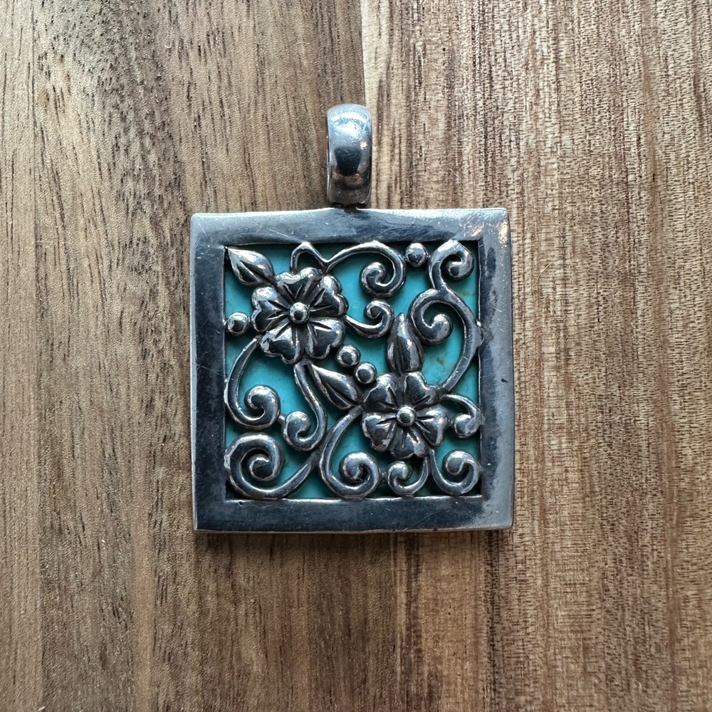 Sterling Silver Convertible(Double Sided) Floral Pendant with Turquoise